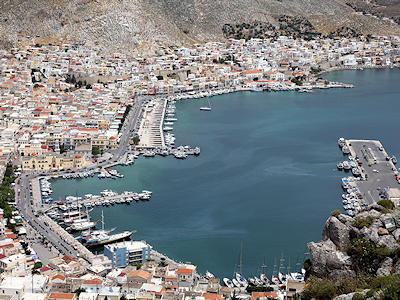 Blick vom Kloster Agios Savvas auf Pothia, Kalymnos